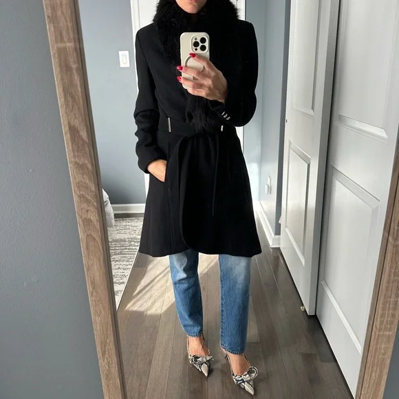 Calvin Klein Black Wool Wrap Coat Detachable Fur Collar Size 6 - Picture 2 of 9